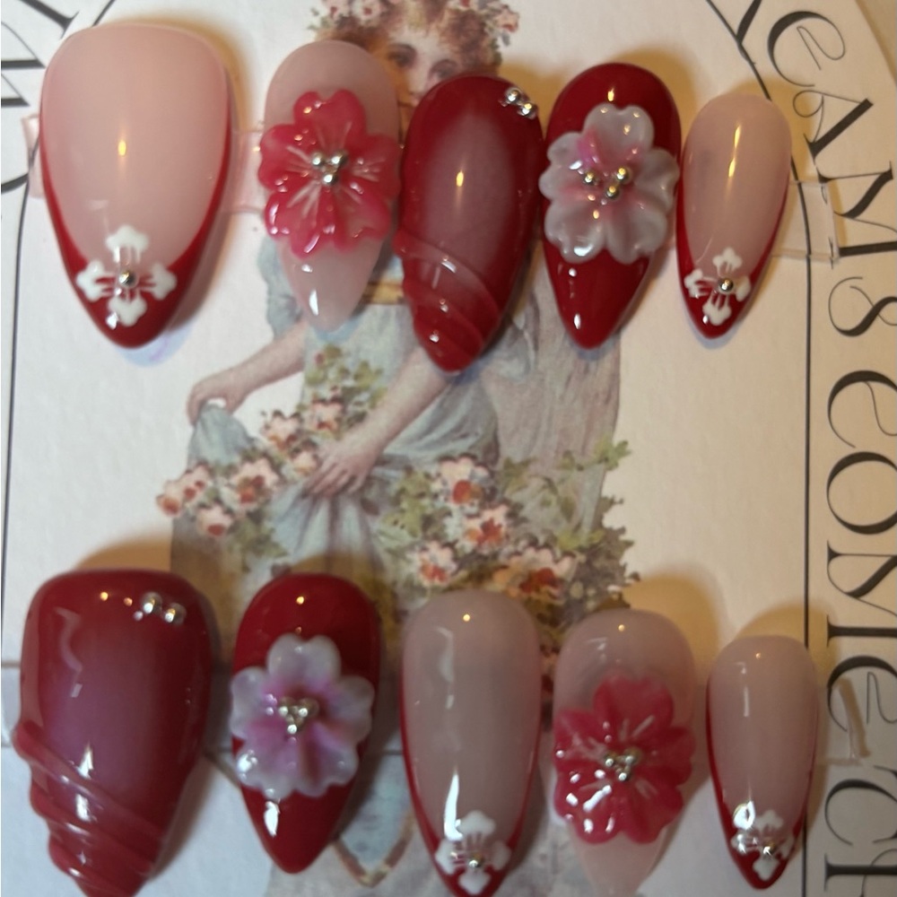 Elegant Red and Pink Floral Nail Set
